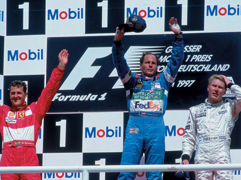Gerhard Berger on the 1997 German Grand Prix podium